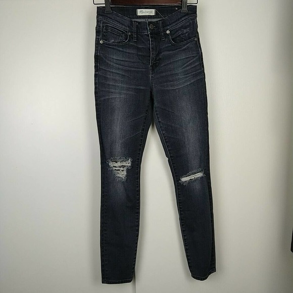 Madewell Dark Wash High Riser Distressed Jeans - Picture 1 of 10